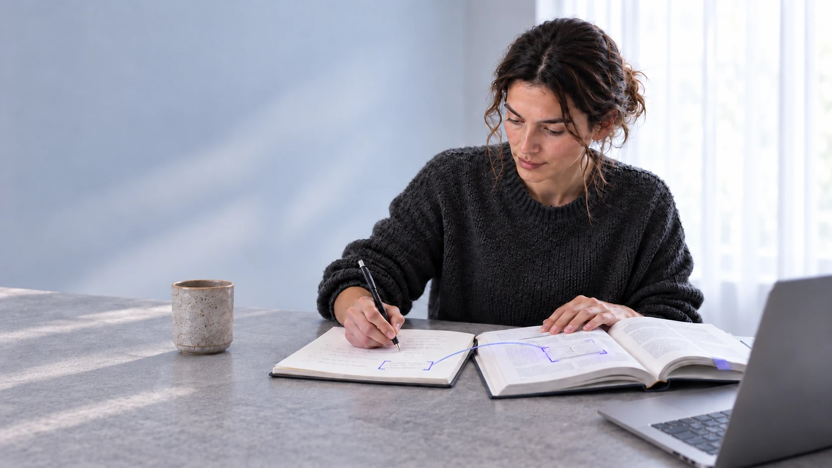 A learner comparing her own notes with a reference book, with a small Metis companion mark linking the task.
